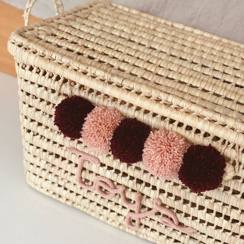 COFFRE PERSONNALISÉ À POMPONS - BORDEAUX & VIEUX ROSE