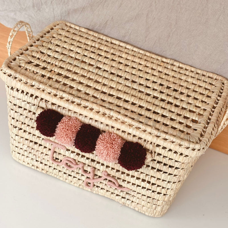 COFFRE PERSONNALISÉ À POMPONS - BORDEAUX & VIEUX ROSE