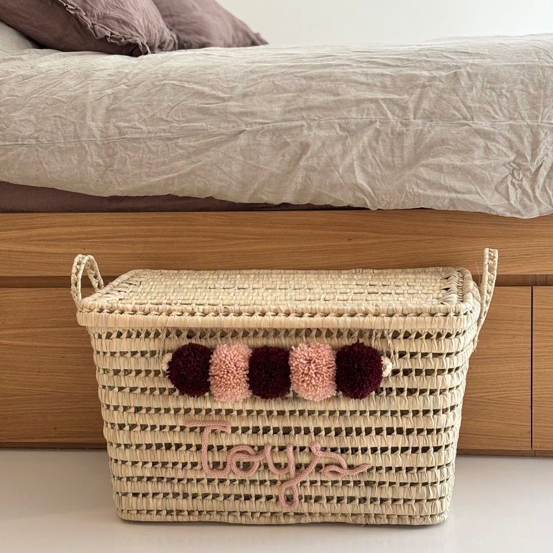 COFFRE PERSONNALISÉ À POMPONS - BORDEAUX & VIEUX ROSE